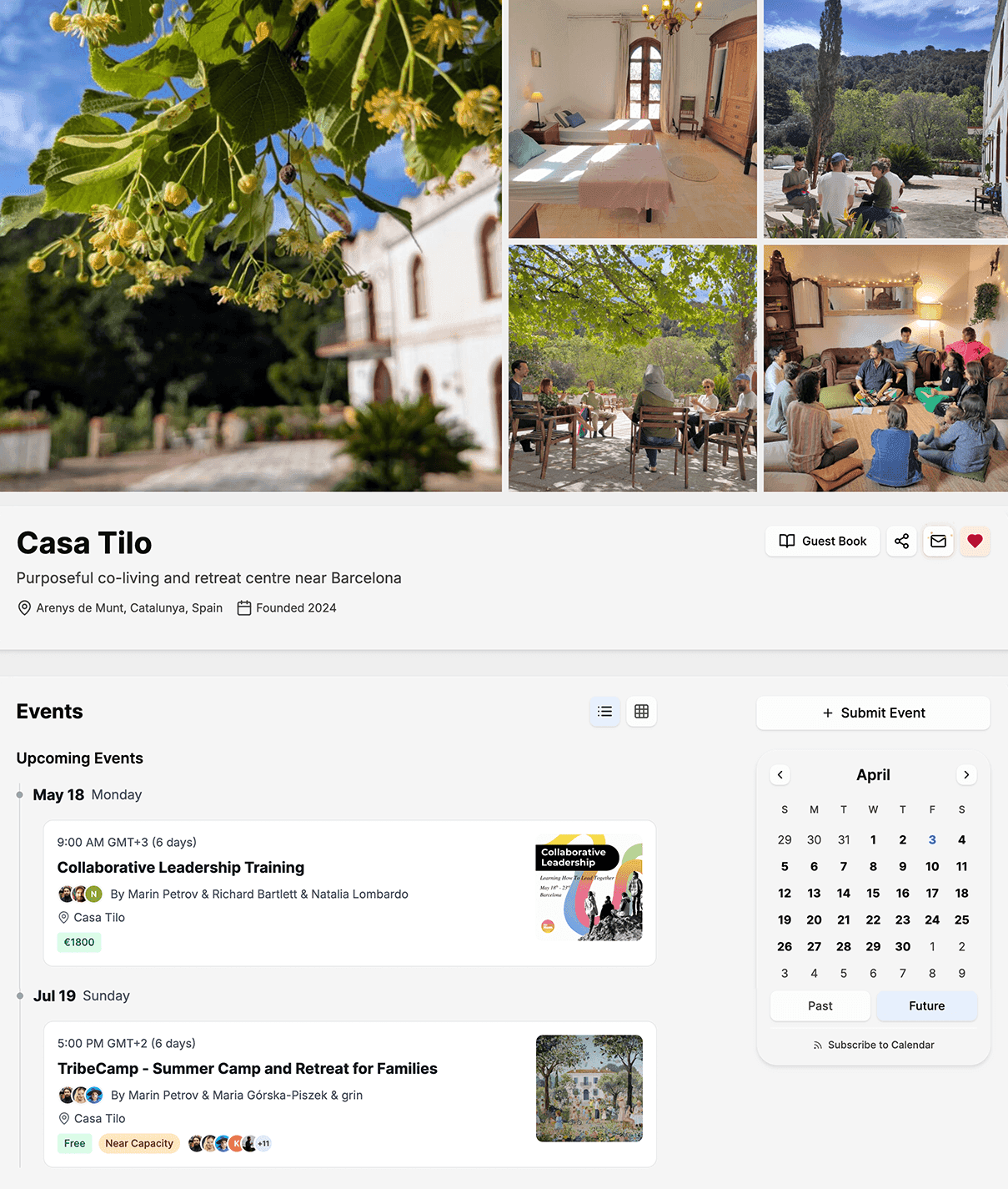 Casa Tilo’s public community page on Coliven, including its gallery and upcoming events