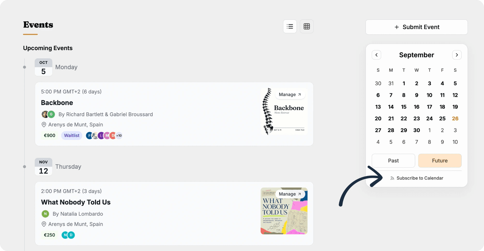 The events on a community page, with an arrow pointing to the Subscribe to Calendar link under the month grid