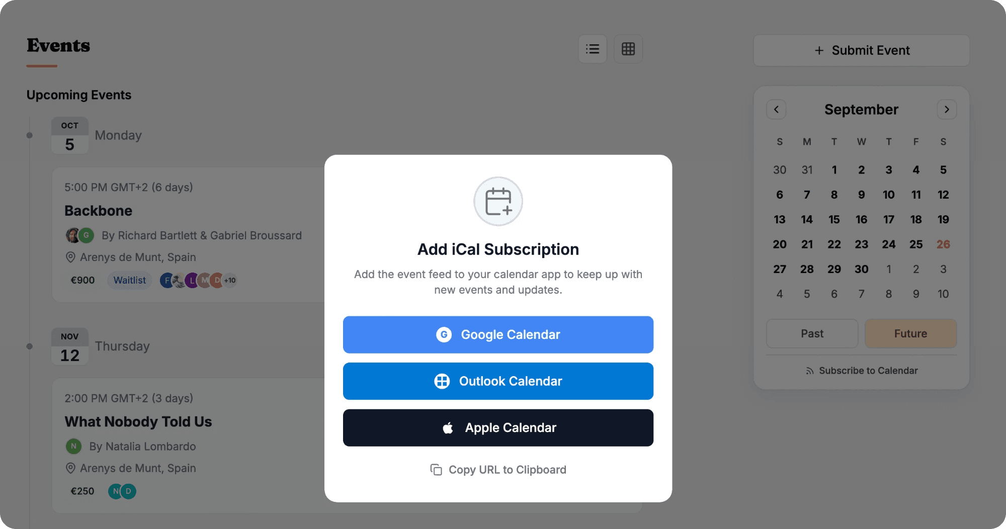 The subscribe dialog over a community page: add the event feed to your calendar app, with buttons for Google Calendar, Outlook Calendar and Apple Calendar, and a link to copy the feed URL