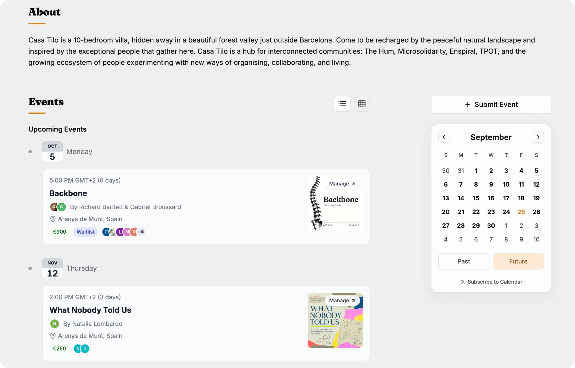 The same community page further down: the story, the list of upcoming events with their hosts and prices, a month calendar and a link to subscribe to it