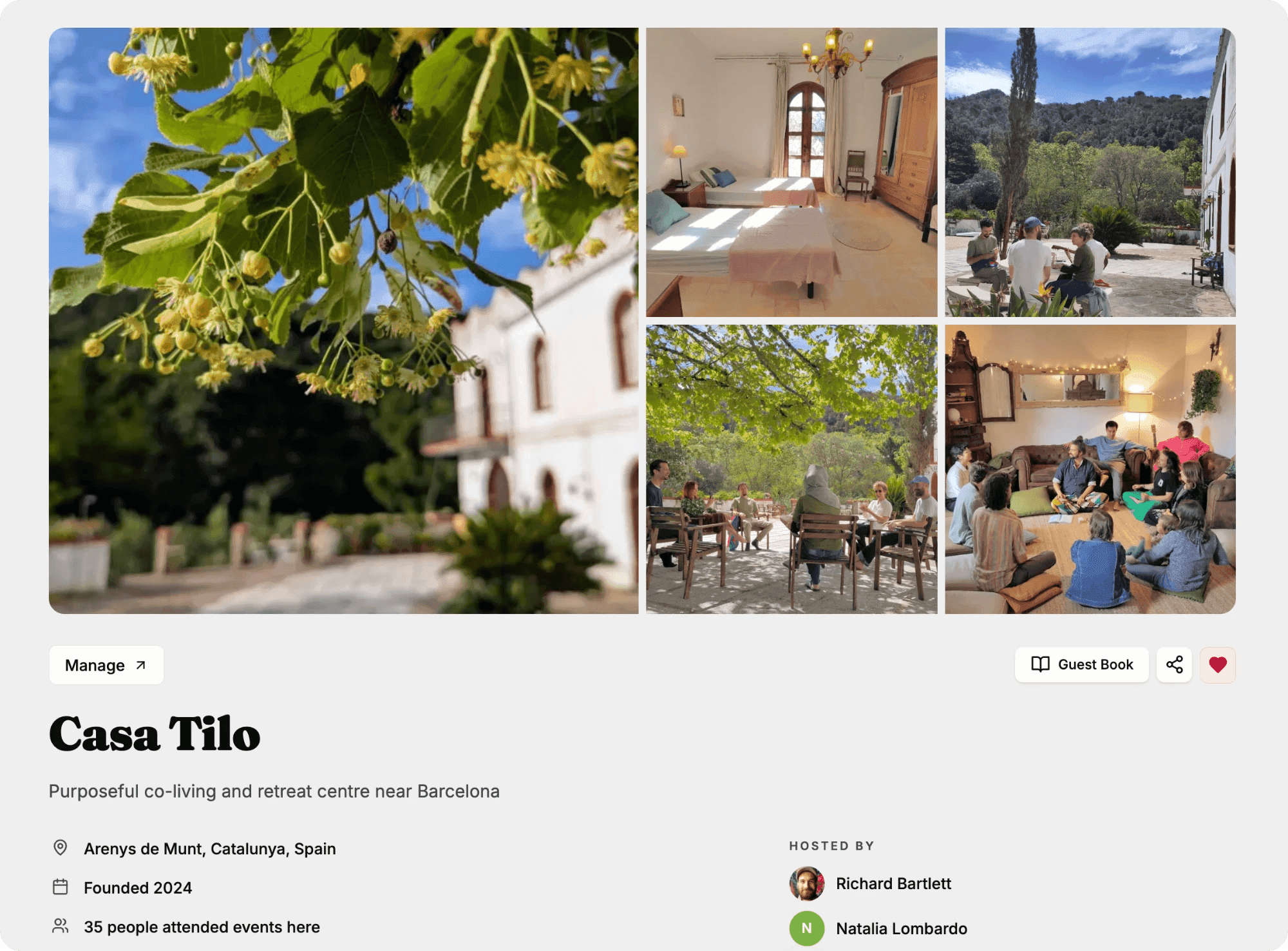 A community page on Coliven: the photo gallery, the name and tagline, where it is, when it was founded, how many people have come, and the hosts