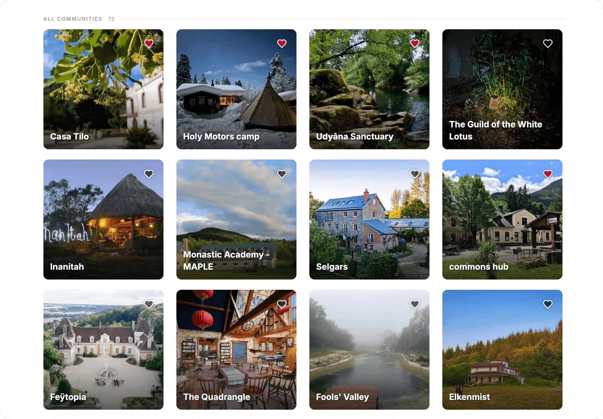 The Coliven directory: a grid of community cards, each with a photo and a name, from retreat centres and monasteries to co-living houses and camps