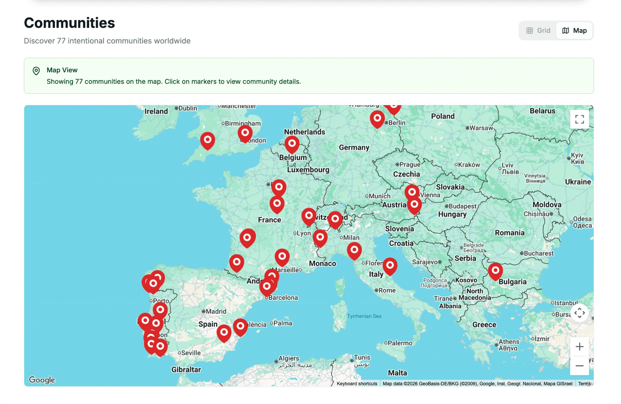 The same directory in map view: 77 communities as pins across Europe, from Ireland and Portugal to Bulgaria