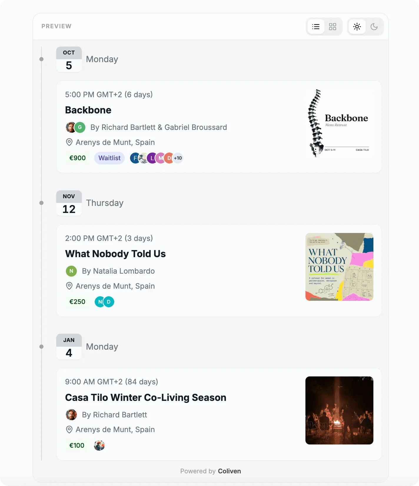 The embed preview: three upcoming events down a timeline, each with its date, time, title, hosts, where it is, what it costs and who is going, with list and grid and light and dark switches above, and "Powered by Coliven" underneath
