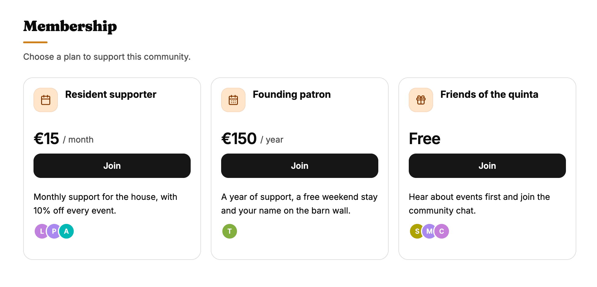 Memberships on Coliven: the public plans a supporter can join
