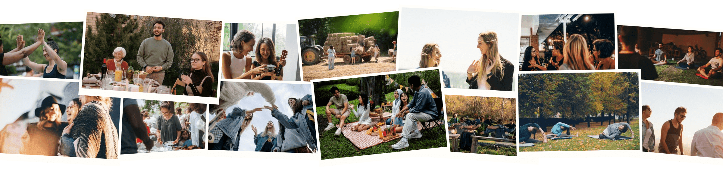 A collage of friends gathering outdoors, at home, and in the city