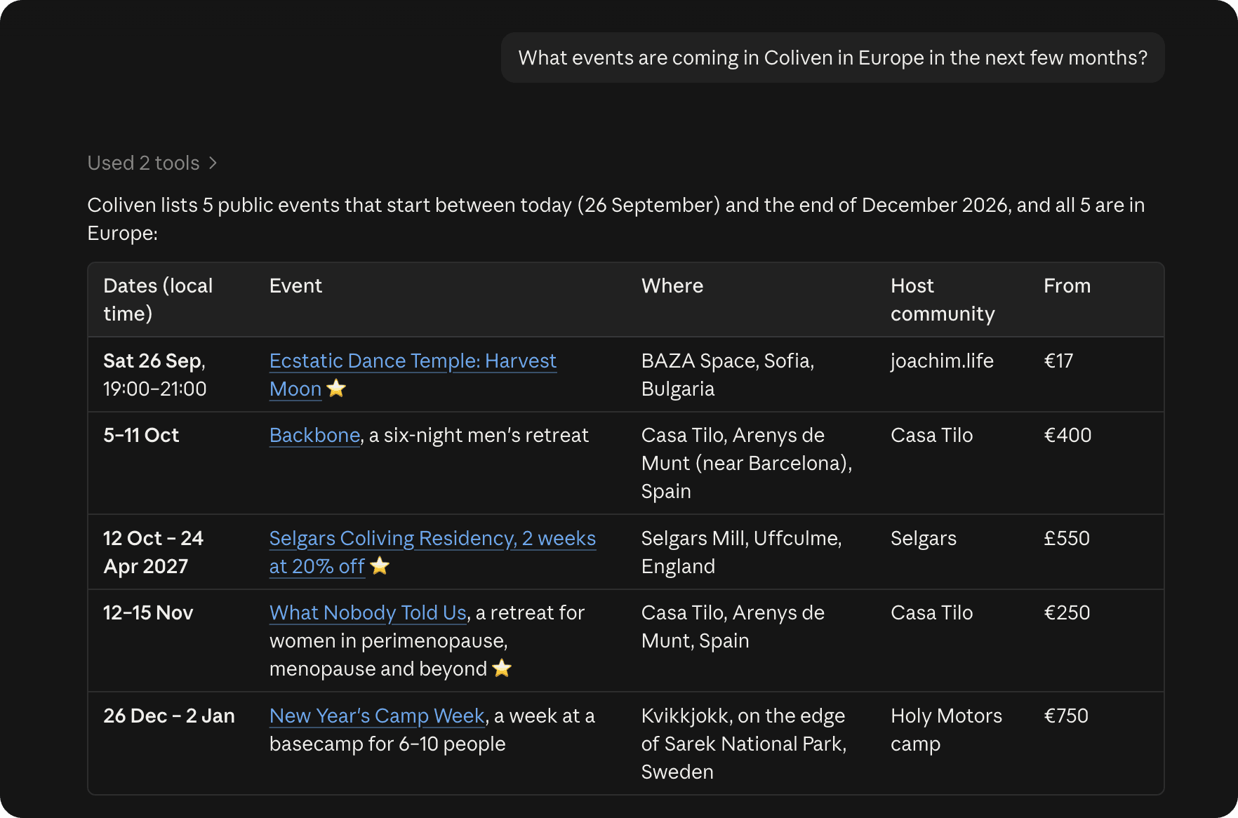 Claude asked what events are coming up on Coliven in Europe, answering with a table of five events, their dates, where they are, which community hosts them and what they cost