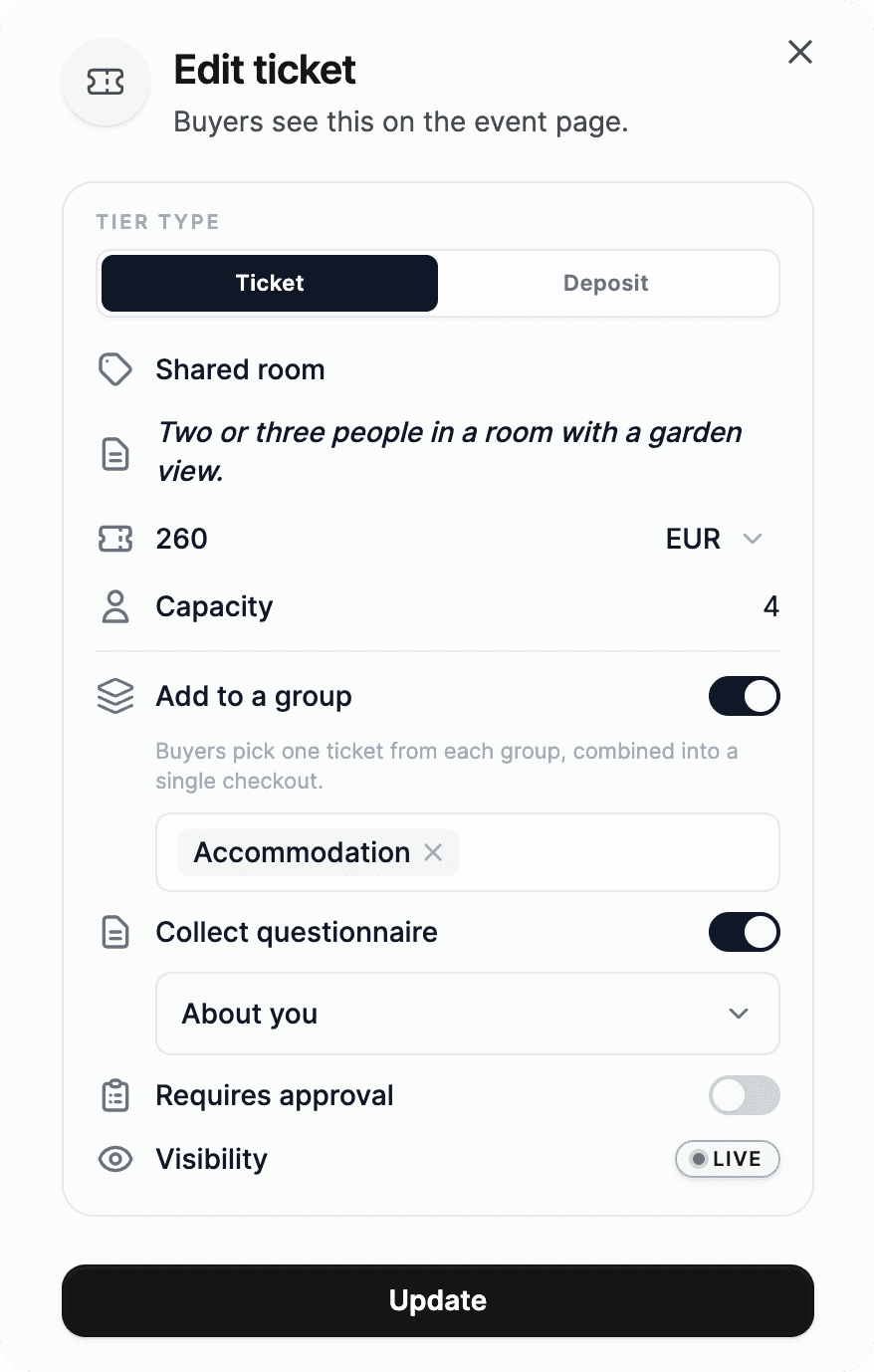 The ticket editor on Coliven