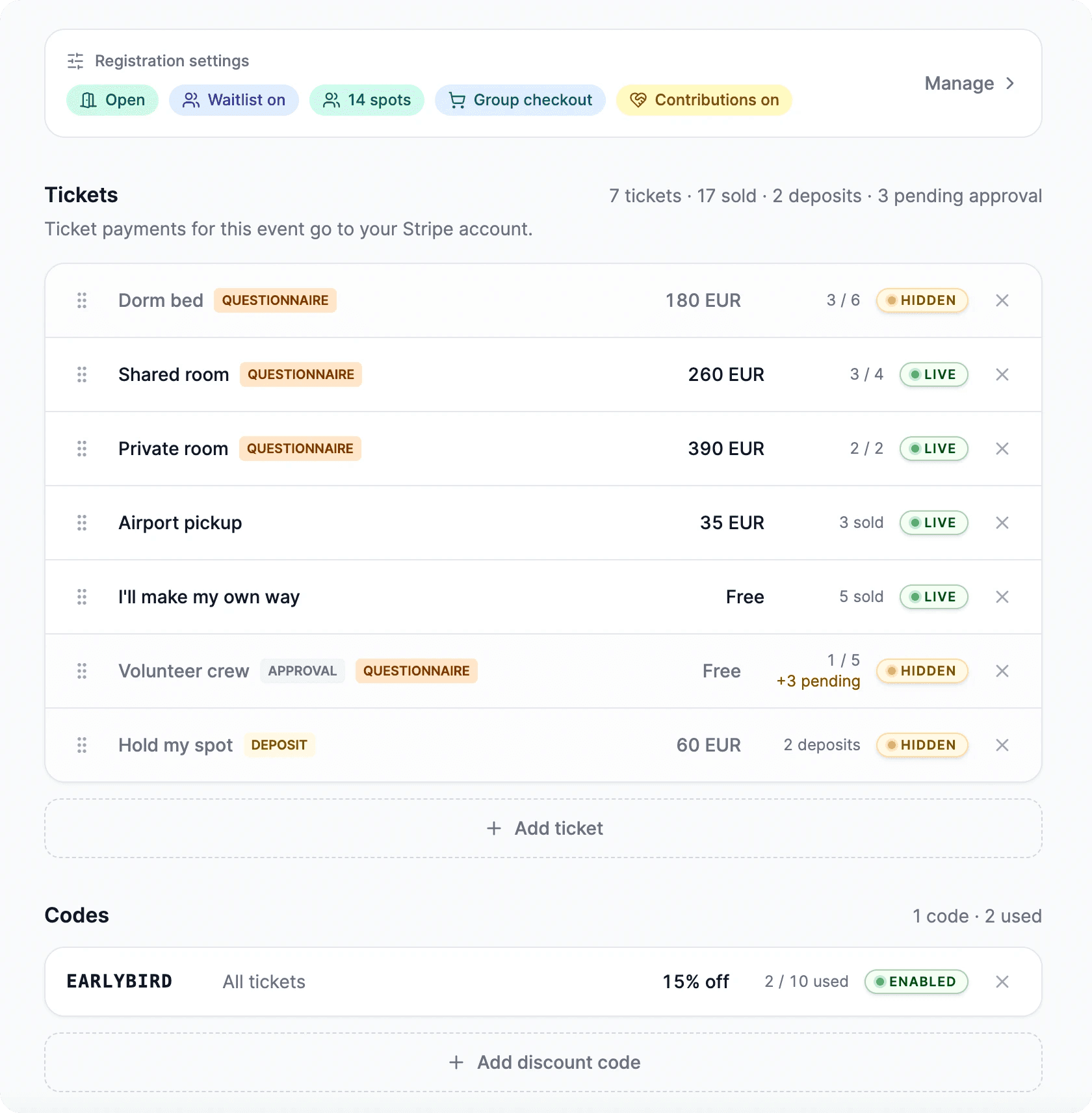 The host ticket list on Coliven